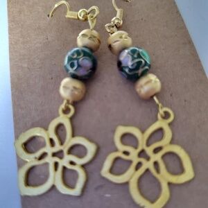 Handmade in USA Wood Tones with Flower Unique Beaded Earrings